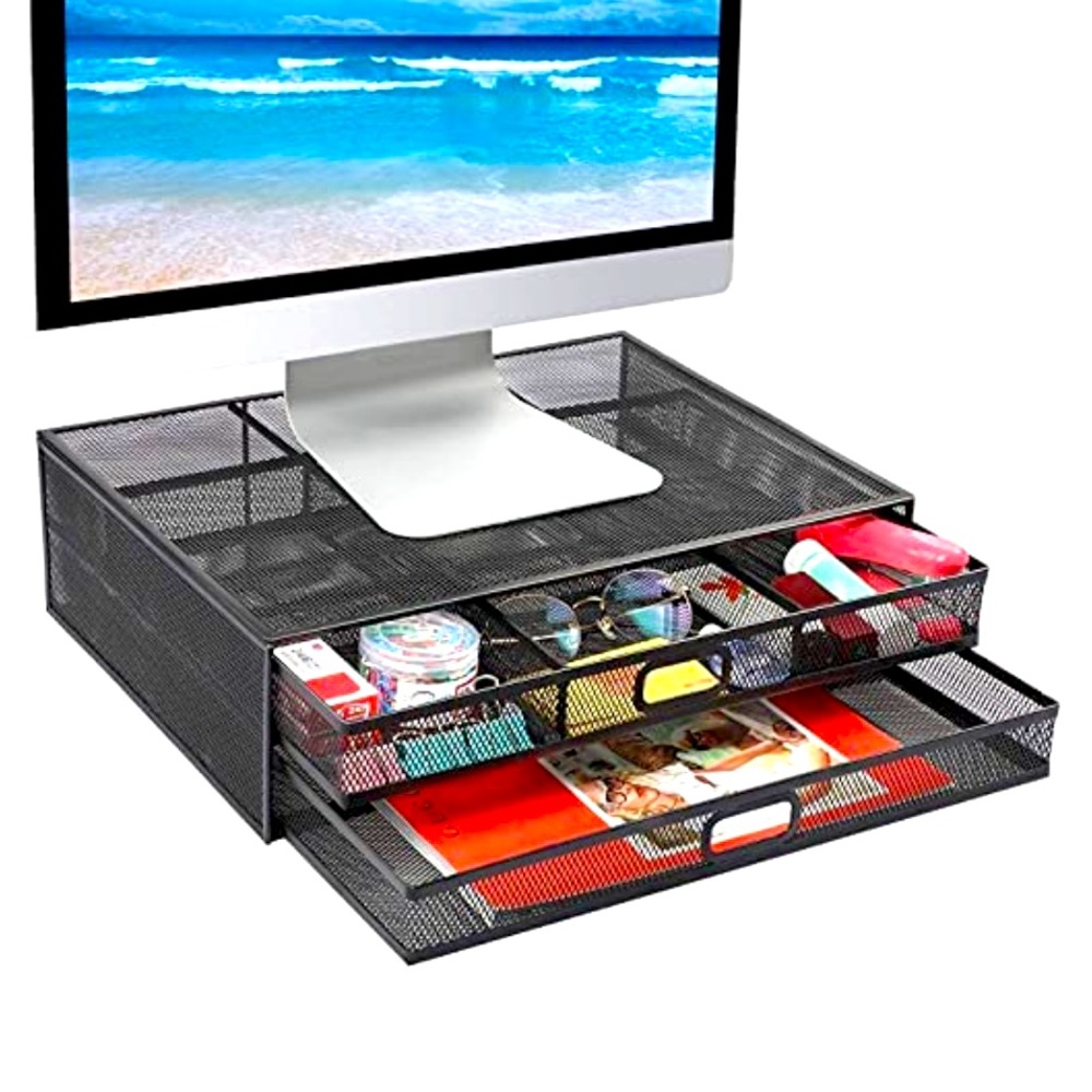Mesh Monitor Stand with Dual Tier Storage drawers.